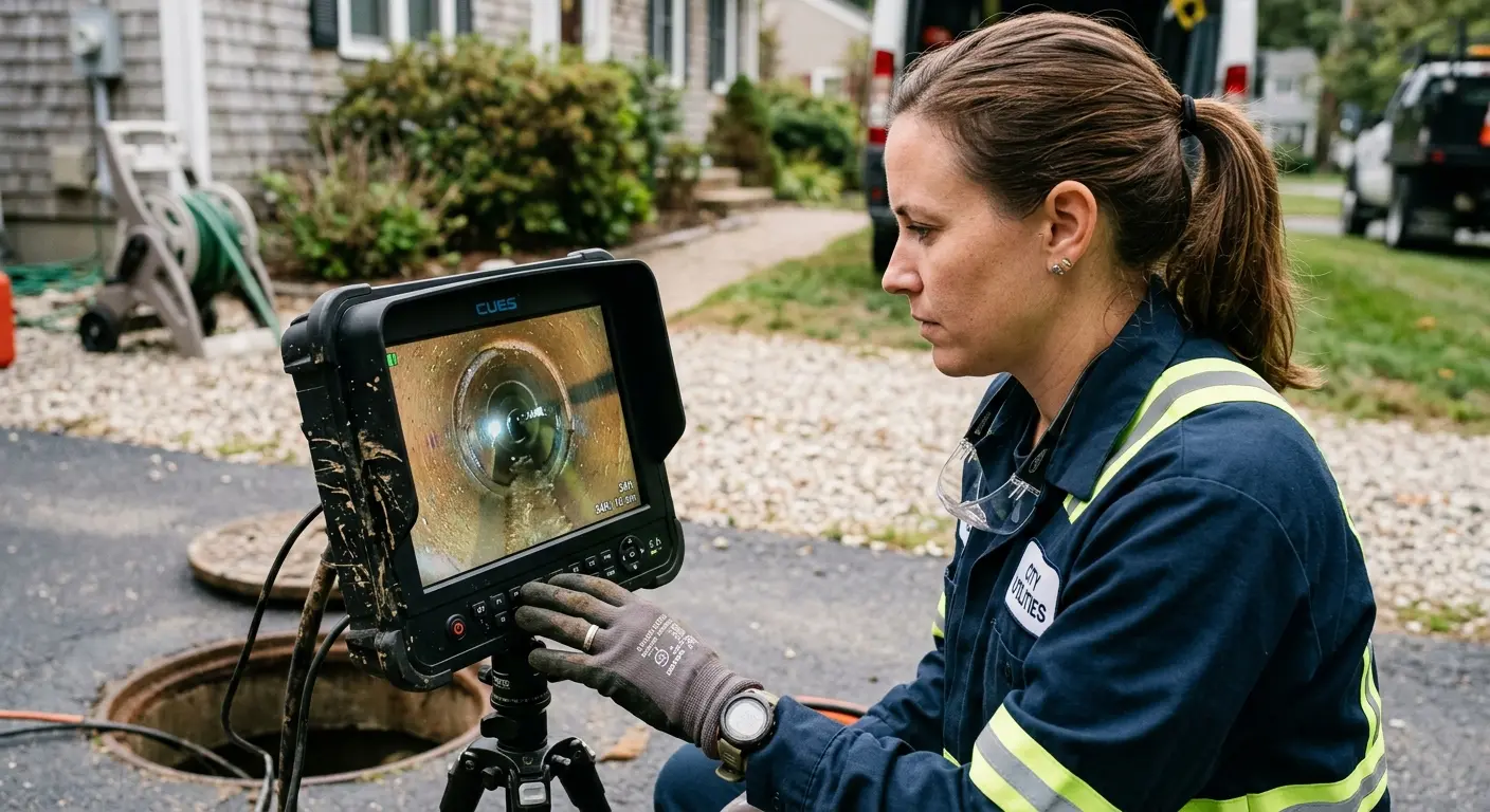 Technician reviewing sewer camera inspection footage in Oshtemo