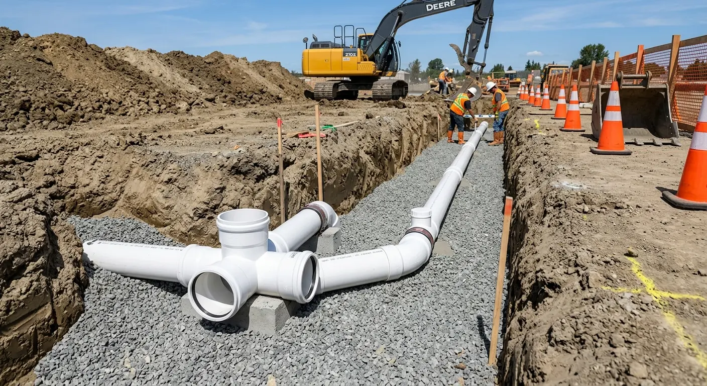New PVC sewer pipe installation in open trench for Sewer Backup in Oshtemo